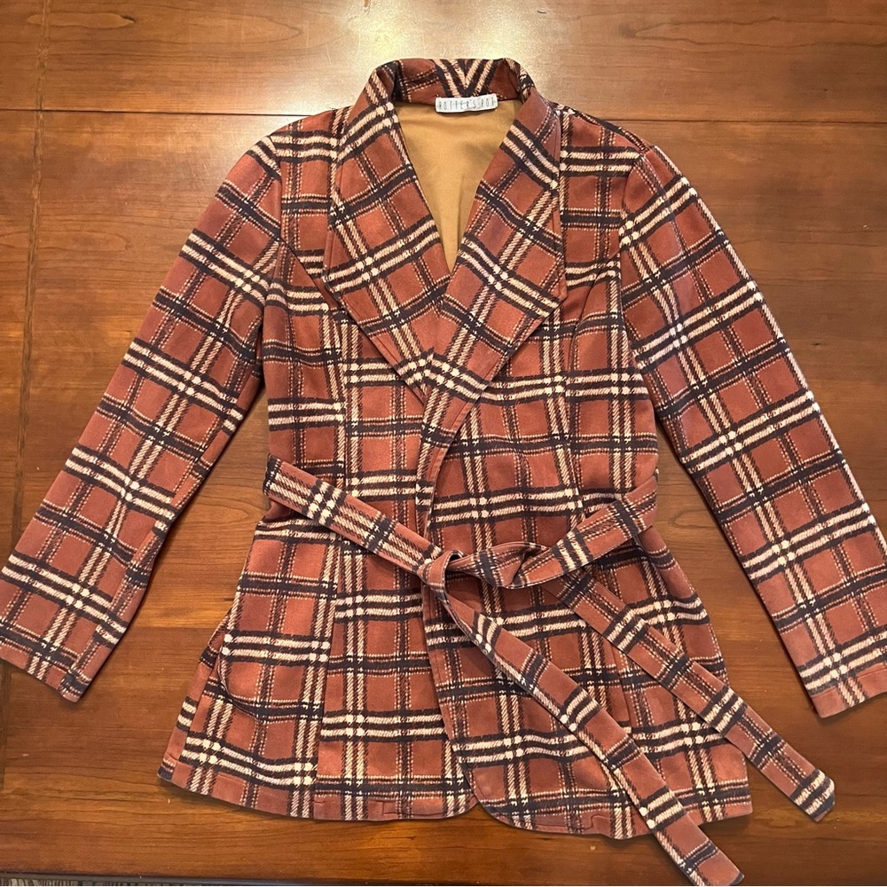 Potter’s Pot Brown Plaid Belted Blazer Jacket Coat Fall Autumn Academic Medium